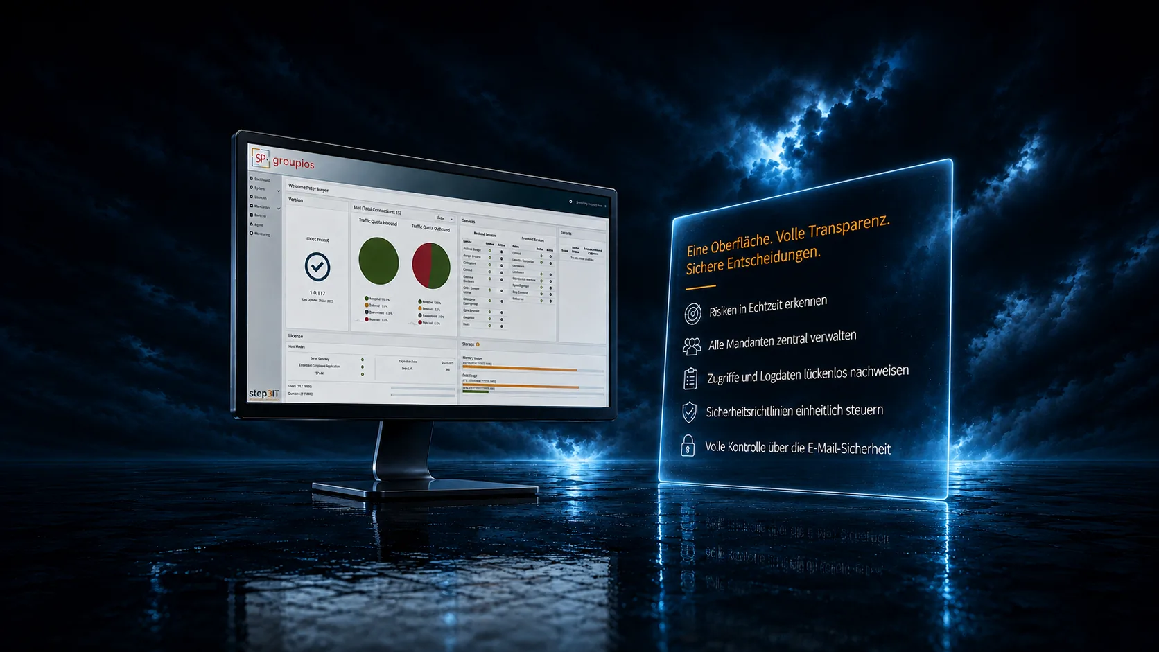 Eine vollständig multimandantenfähige Administrationsoberfläche – Treffen Sie fundierte Entscheidungen anhand von Echtzeitdaten. Reduzieren Sie Cyberrisiken durch umfassende Transparenz Ihrer E-Mail-Sicherheitsinfrastruktur. Steigern Sie die Effizienz Ihrer IT-Organisation, indem mehrere Mandanten zentral über eine Plattform verwaltet werden. Erhöhen Sie Governance und Compliance durch nachvollziehbare Log-Daten, rollenbasierte Zugriffskontrollen und revisionssichere Administrationsprozesse. Standardisieren Sie Ihre Sicherheitsrichtlinien durch die zentrale Verwaltung von Domains, Smart Hosts, Whitelist- und Blacklist-Regeln sowie Nachrichtenlimits. Verstärken Sie Ihre digitale Souveränität, indem Sie jederzeit die vollständige Kontrolle über Ihre E-Mail-Kommunikation und Sicherheitsprozesse behalten.